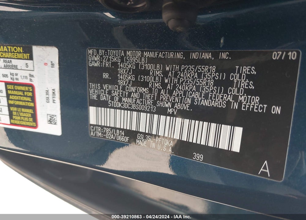 2011 TOYOTA SIENNA XLE VIN: 5TDDK3DC3BS009213