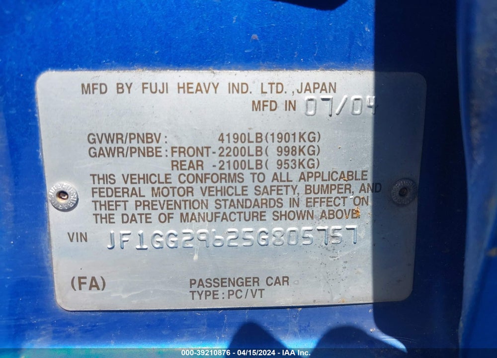 2005 SUBARU IMPREZA WRX VIN: JF1GG29625G805757
