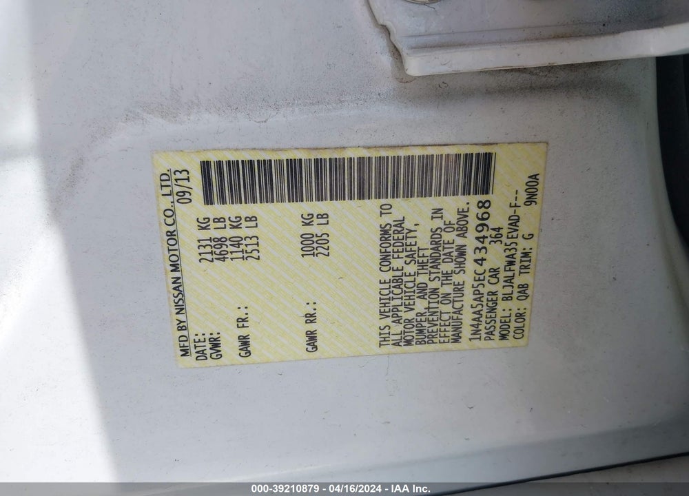 2014 NISSAN MAXIMA 3.5 SV VIN: 1N4AA5AP5EC434968