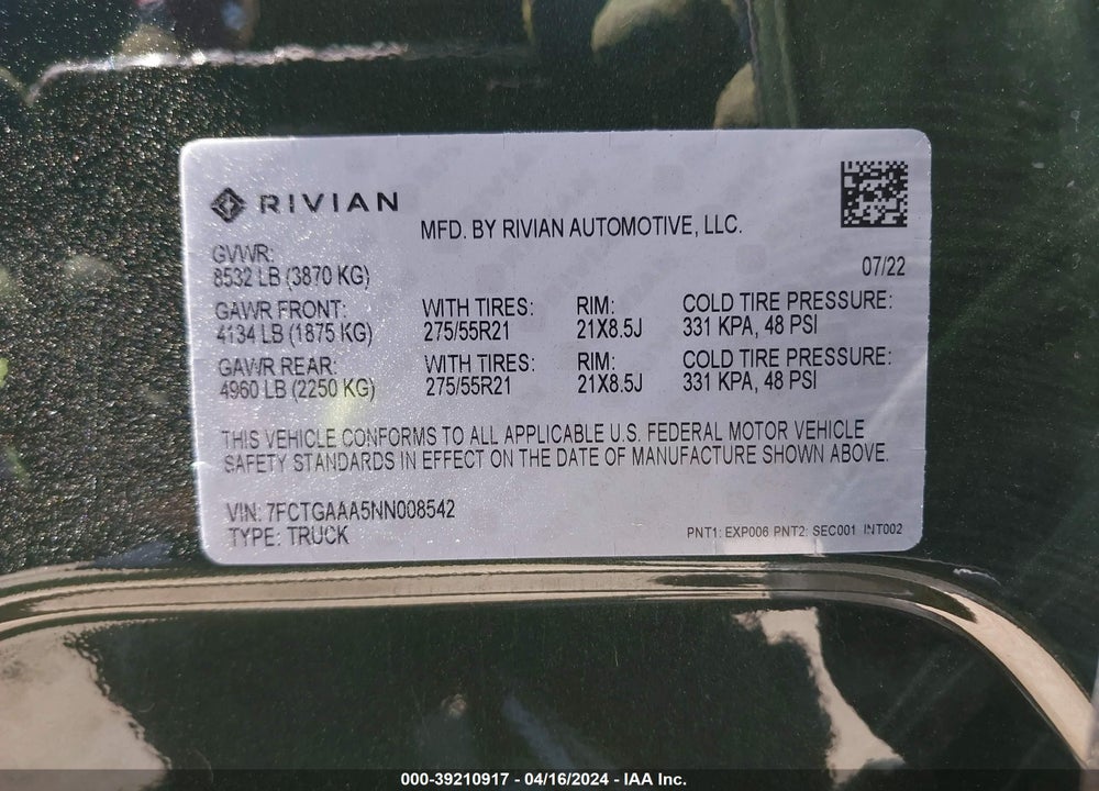 2022 RIVIAN R1T ADVENTURE VIN: 7FCTGAAA5NN008542