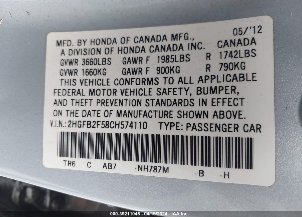 2012 HONDA CIVIC LX VIN: 2HGFB2F58CH574110