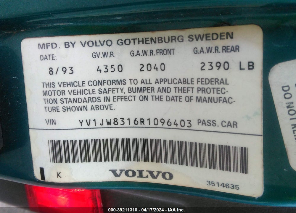 1994 VOLVO 940 VIN: YV1JW8316R1096403