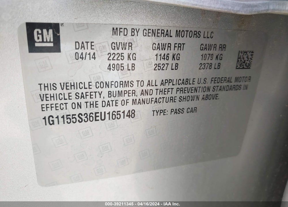 2014 CHEVROLET IMPALA 2LZ VIN: 1G1155S36EU165148