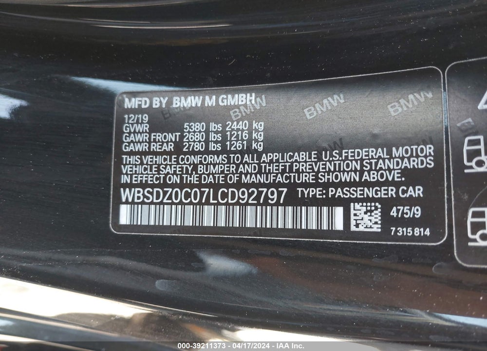2020 BMW M8 COMPETITION VIN: WBSDZ0C07LCD92797