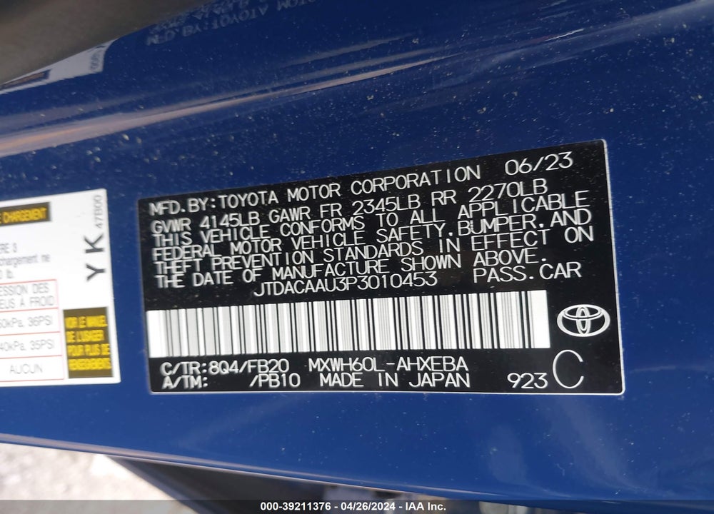2023 TOYOTA PRIUS LE VIN: JTDACAAU3P3010453