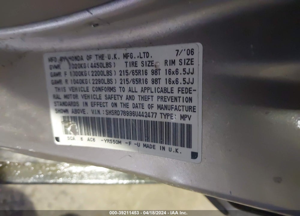 2006 HONDA CR-V SE VIN: SHSRD78996U442477
