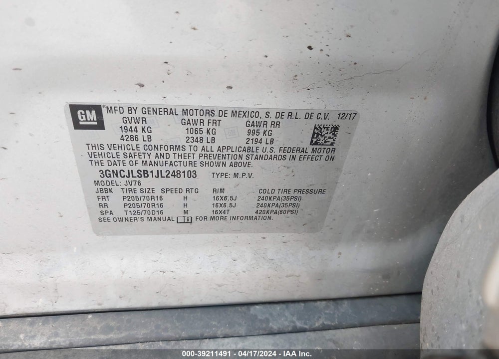 2018 CHEVROLET TRAX LT VIN: 3GNCJLSB1JL248103