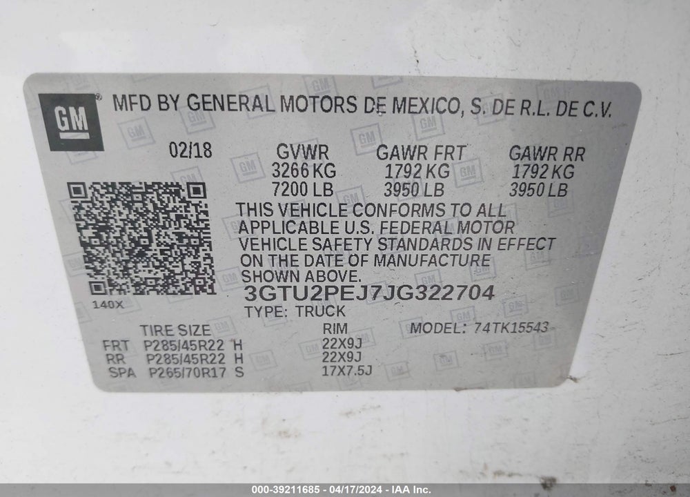 2018 GMC SIERRA 1500 DENALI VIN: 3GTU2PEJ7JG322704