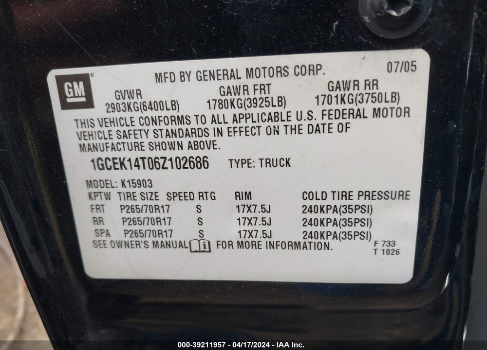 2006 CHEVROLET SILVERADO 1500 LT1 VIN: 1GCEK14T06Z102686