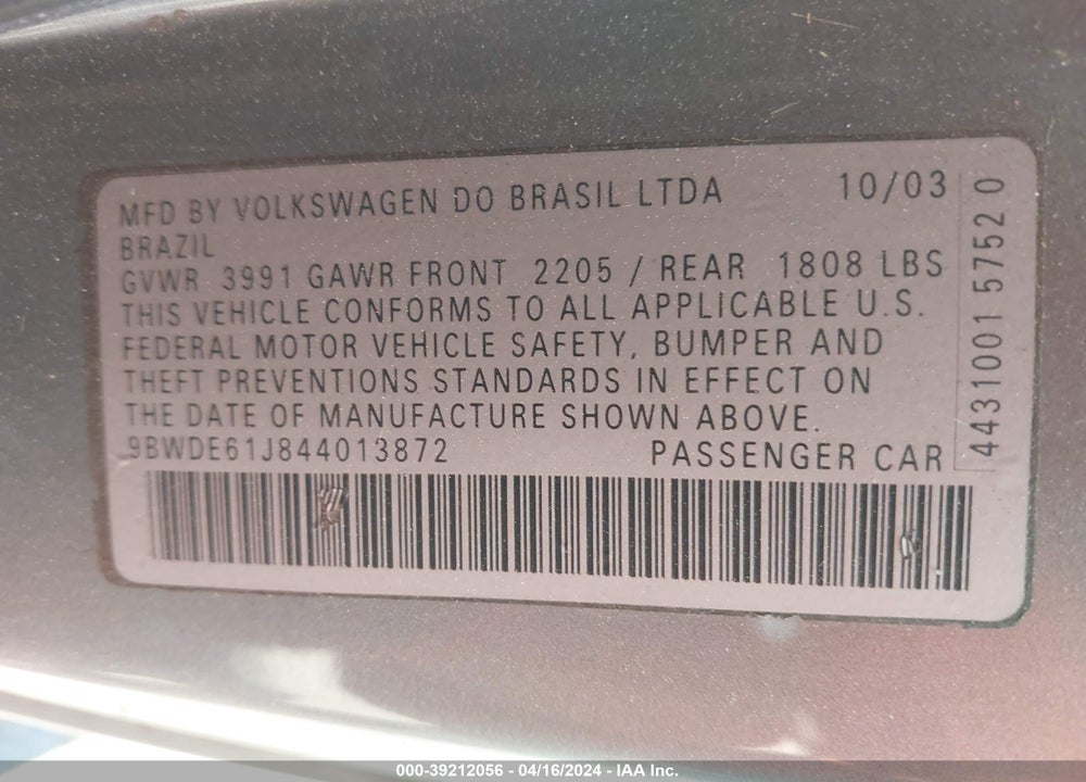2004 VOLKSWAGEN GTI 1.8T VIN: 9BWDE61J844013872