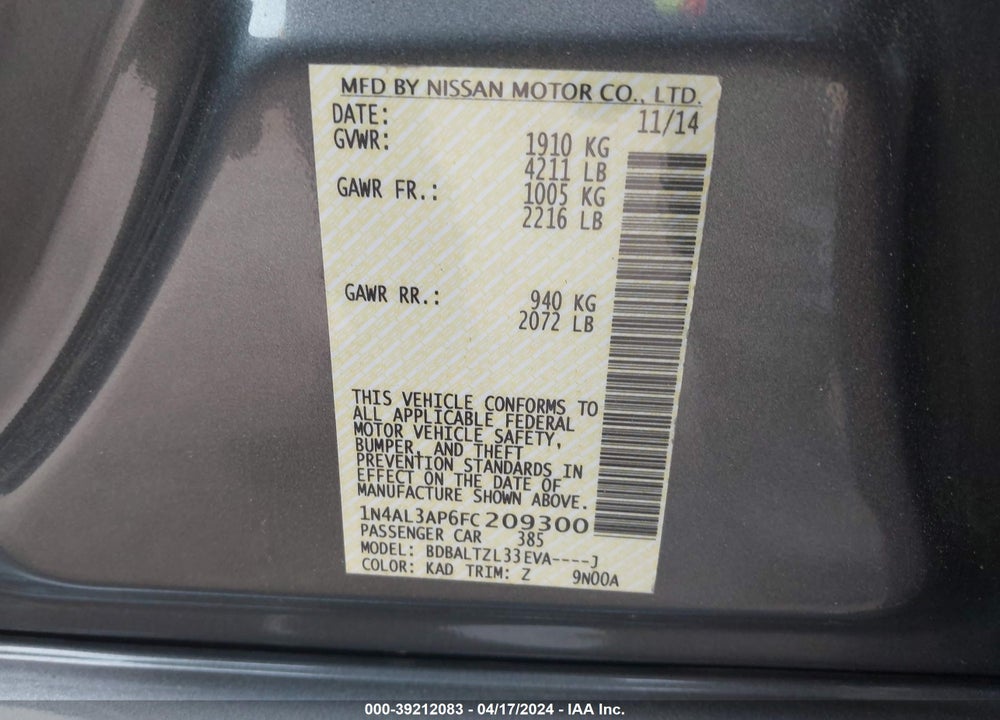 2015 NISSAN ALTIMA 2.5 SL VIN: 1N4AL3AP6FC209300