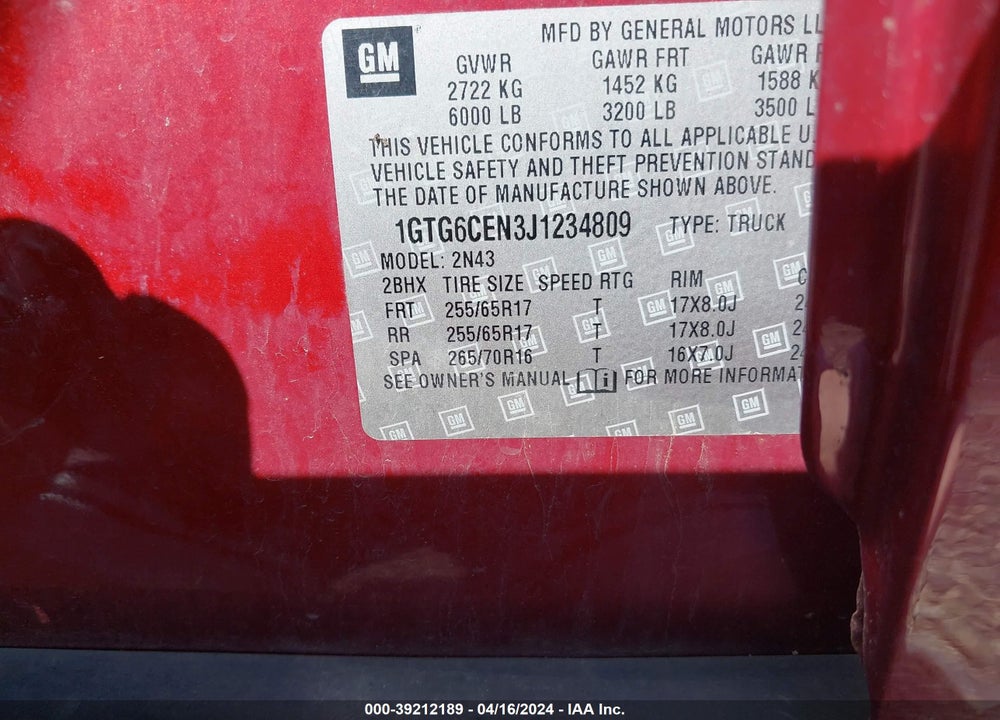 2018 GMC CANYON SLE VIN: 1GTG6CEN3J1234809