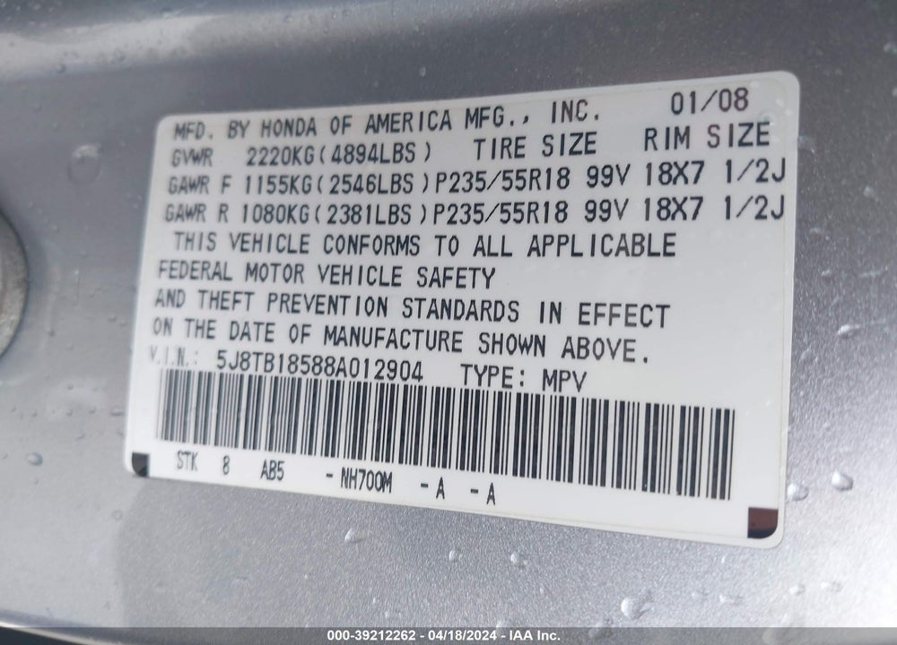 2008 ACURA RDX VIN: 5J8TB18588A012904