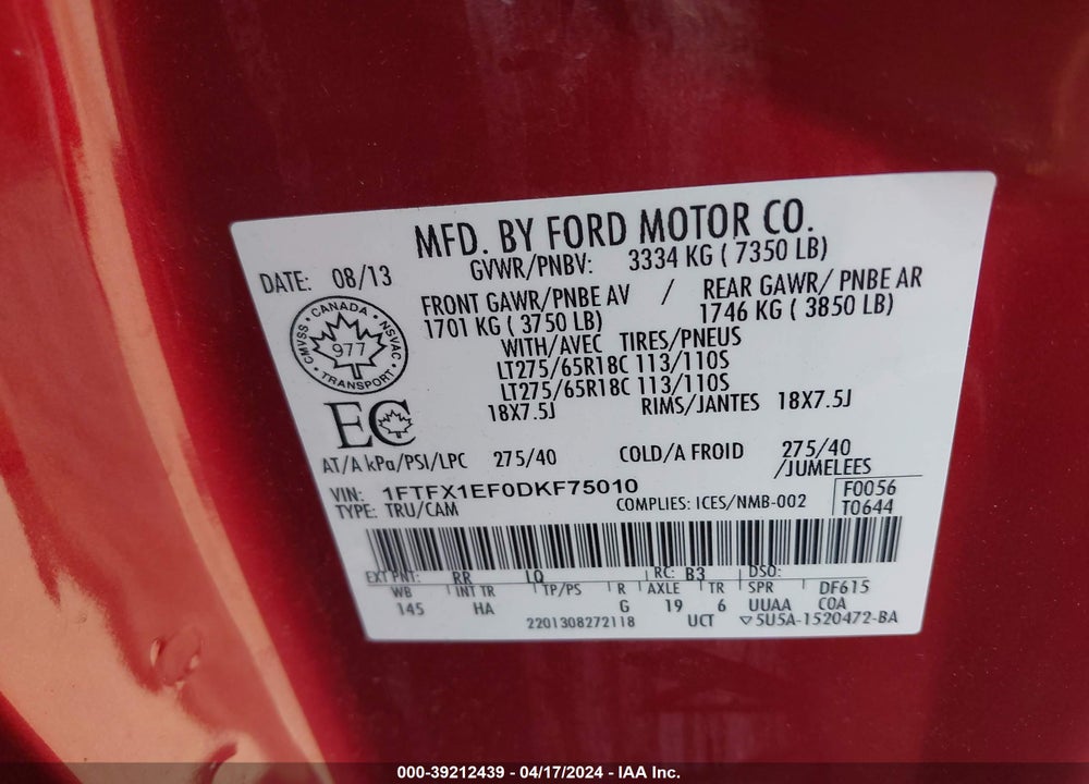 2013 FORD F-150 LARIAT VIN: 1FTFX1EF0DKF75010
