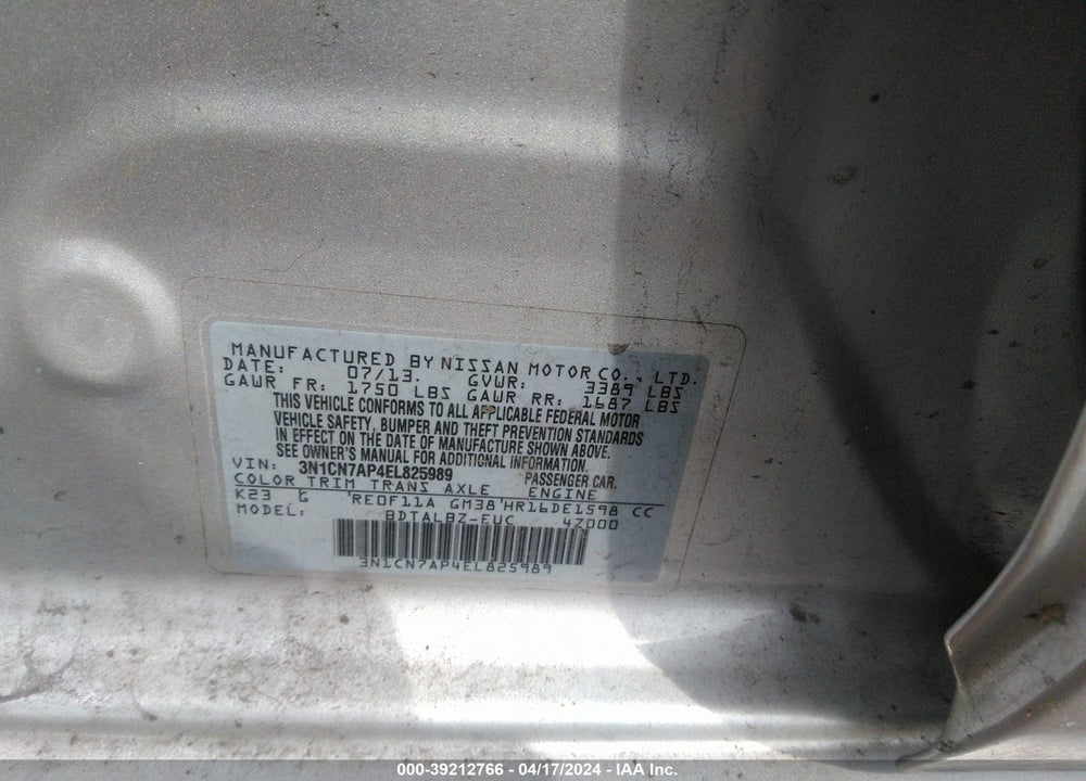 2014 NISSAN VERSA 1.6 SV VIN: 3N1CN7AP4EL825989
