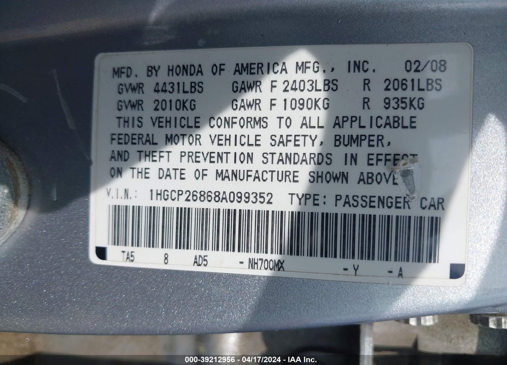 2008 HONDA ACCORD 2.4 EX-L VIN: 1HGCP26868A099352