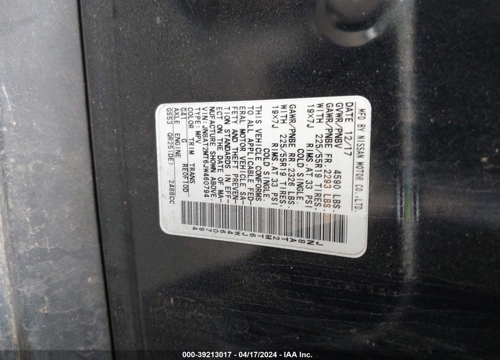2018 NISSAN ROGUE SL VIN: JN8AT2MT6JW460794