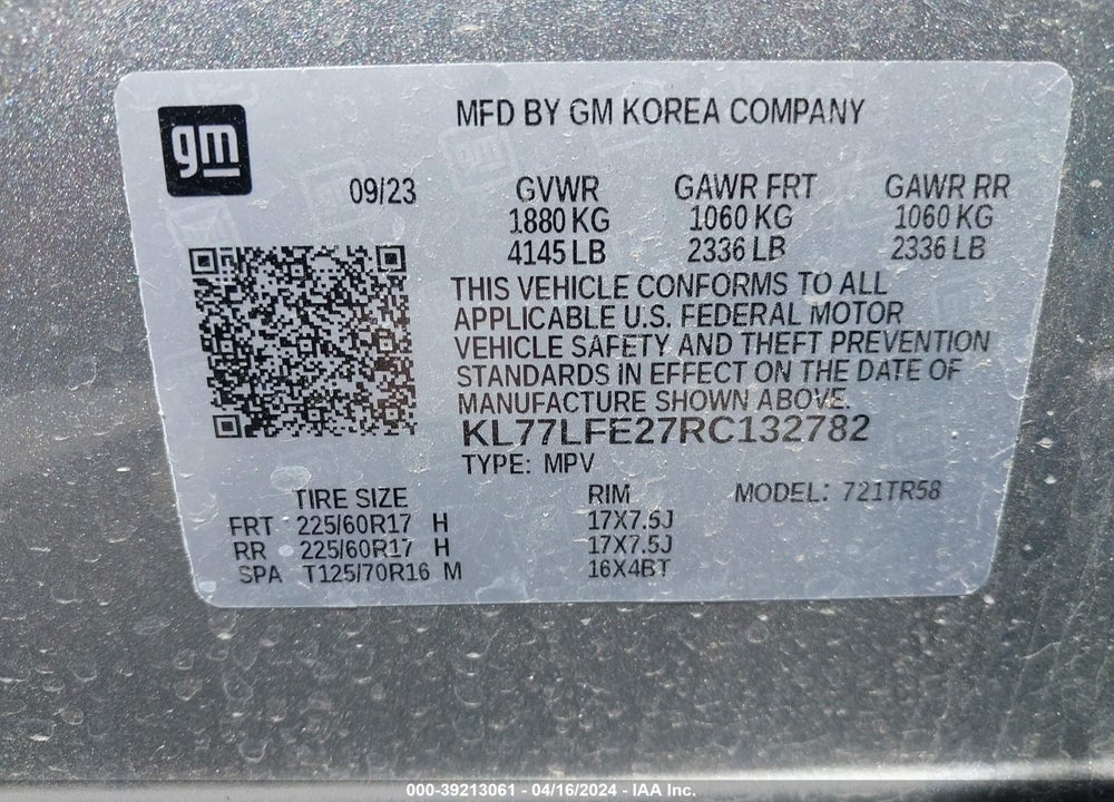 2024 CHEVROLET TRAX FWD SP VIN: KL77LFE27RC132782