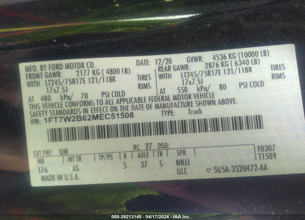 2021 FORD F-250 XL VIN: 1FT7W2B62MEC51508