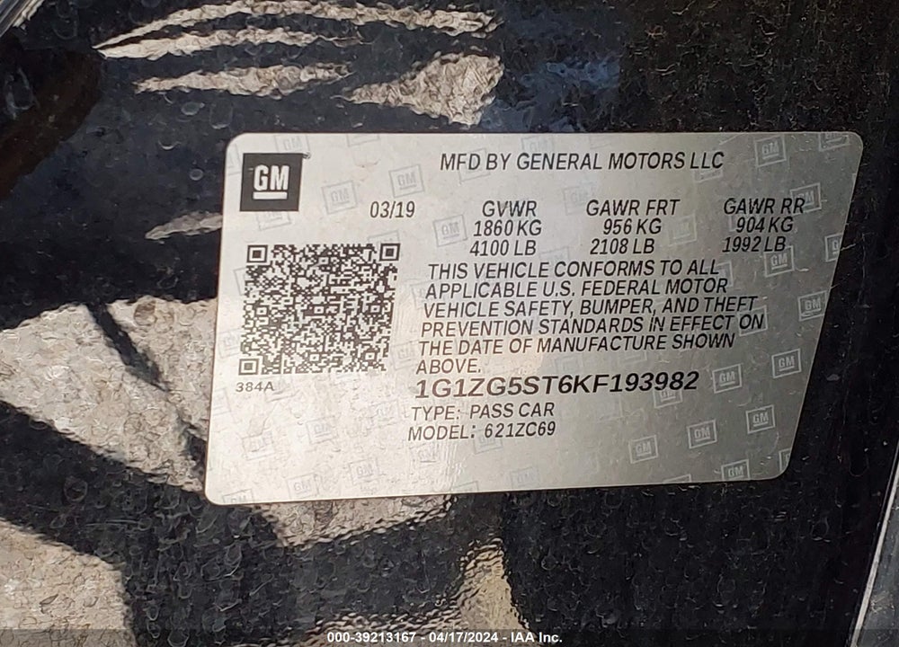 2019 CHEVROLET MALIBU RS VIN: 1G1ZG5ST6KF193982