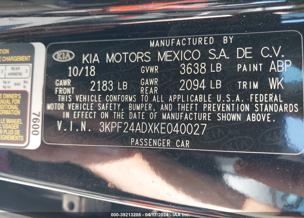 2019 KIA FORTE VIN: 3KPF24ADXKE040027