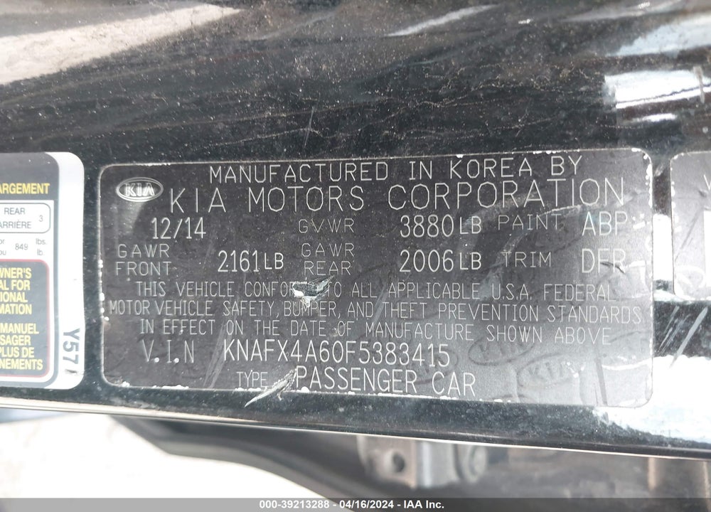 2015 KIA FORTE LX VIN: KNAFX4A60F5383415