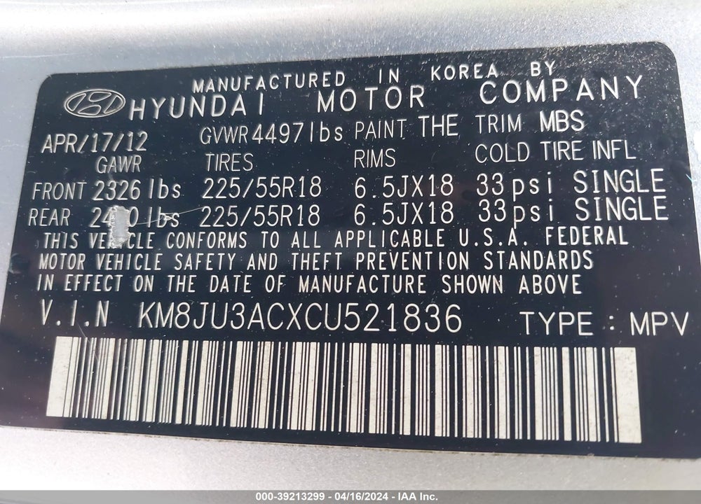 2012 HYUNDAI TUCSON LIMITED VIN: KM8JU3ACXCU521836