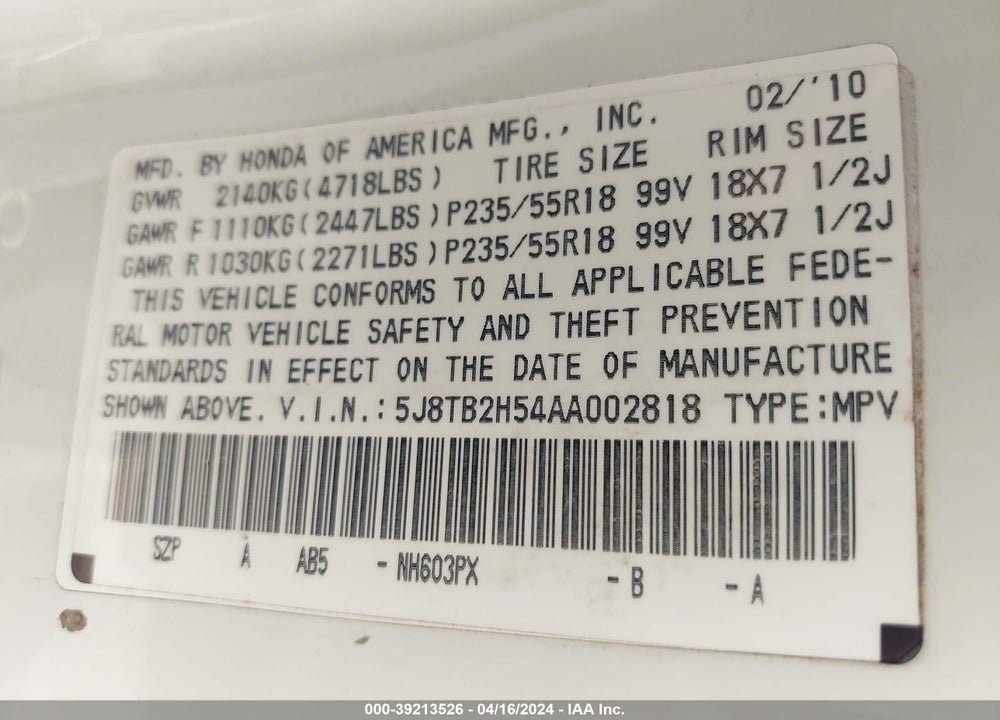 2010 ACURA RDX VIN: 5J8TB2H54AA002818