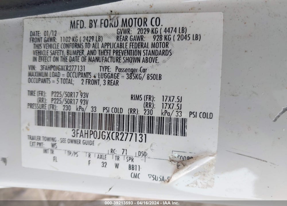 2012 FORD FUSION SEL VIN: 3FAHP0JGXCR277131