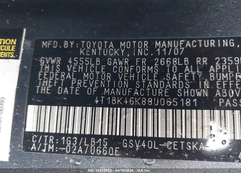 2008 TOYOTA CAMRY SE V6 VIN: 4T1BK46K88U065181
