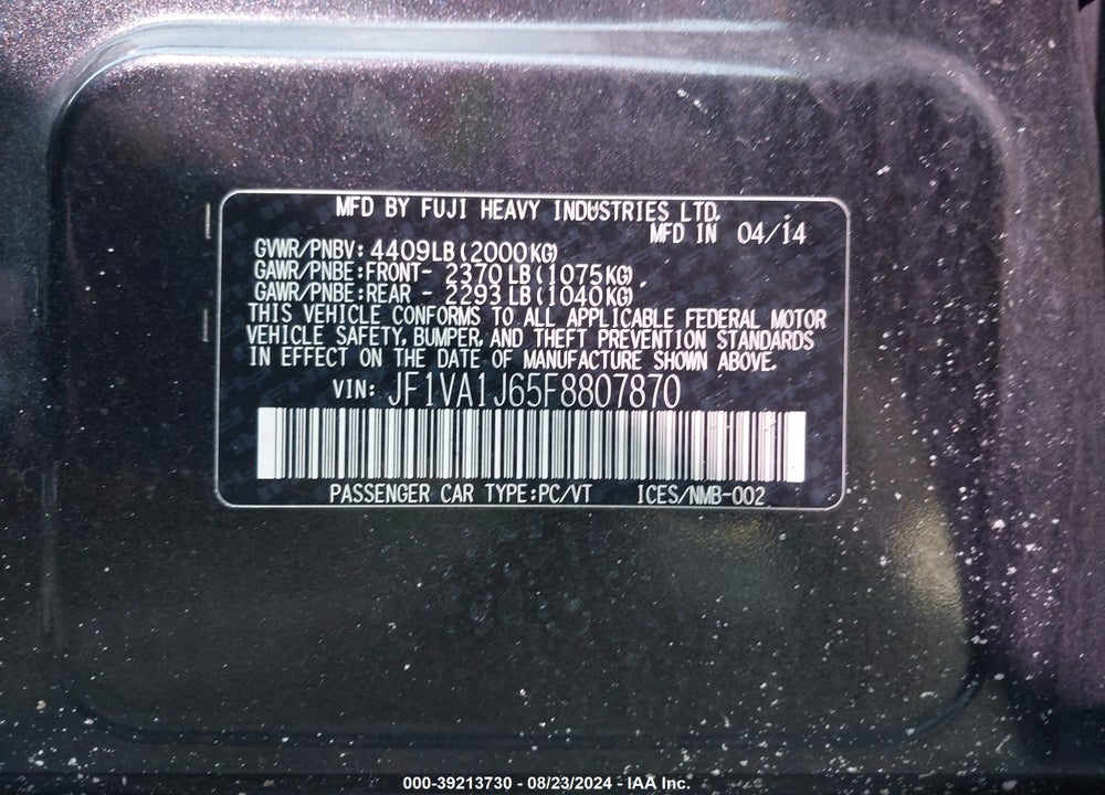2015 SUBARU WRX LIMITED VIN: JF1VA1J65F8807870