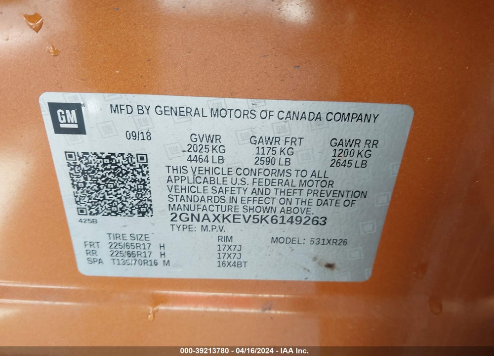 2019 CHEVROLET EQUINOX LT VIN: 2GNAXKEV5K6149263