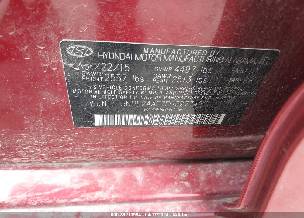 2015 HYUNDAI SONATA SE VIN: 5NPE24AF7FH227742