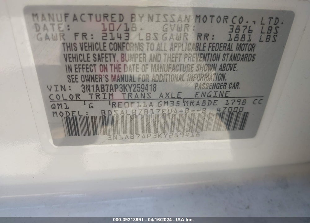 2019 NISSAN SENTRA S VIN: 3N1AB7AP3KY259418