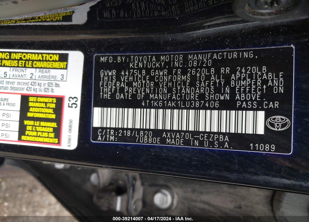 2020 TOYOTA CAMRY XSE VIN: 4T1K61AK1LU387406