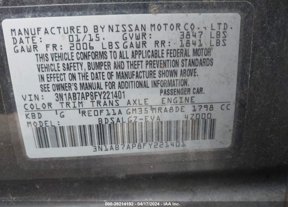 2015 NISSAN SENTRA SL VIN: 3N1AB7AP8FY221401