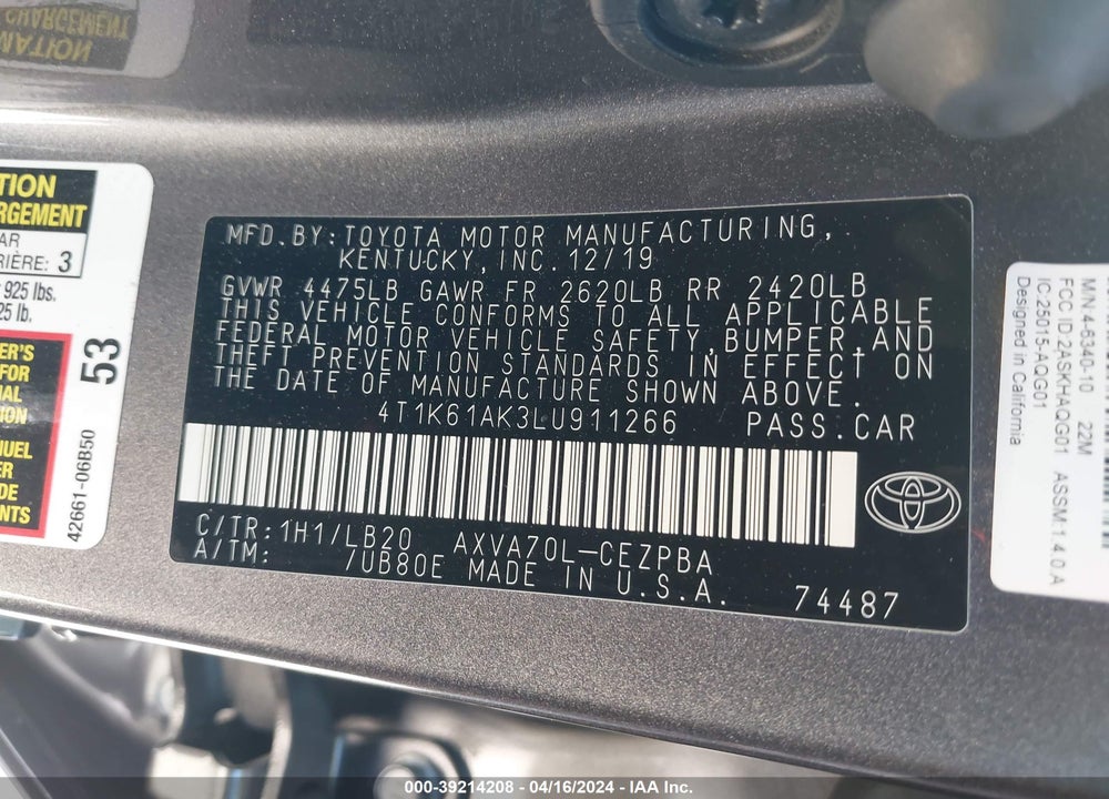 2020 TOYOTA CAMRY XSE VIN: 4T1K61AK3LU911266