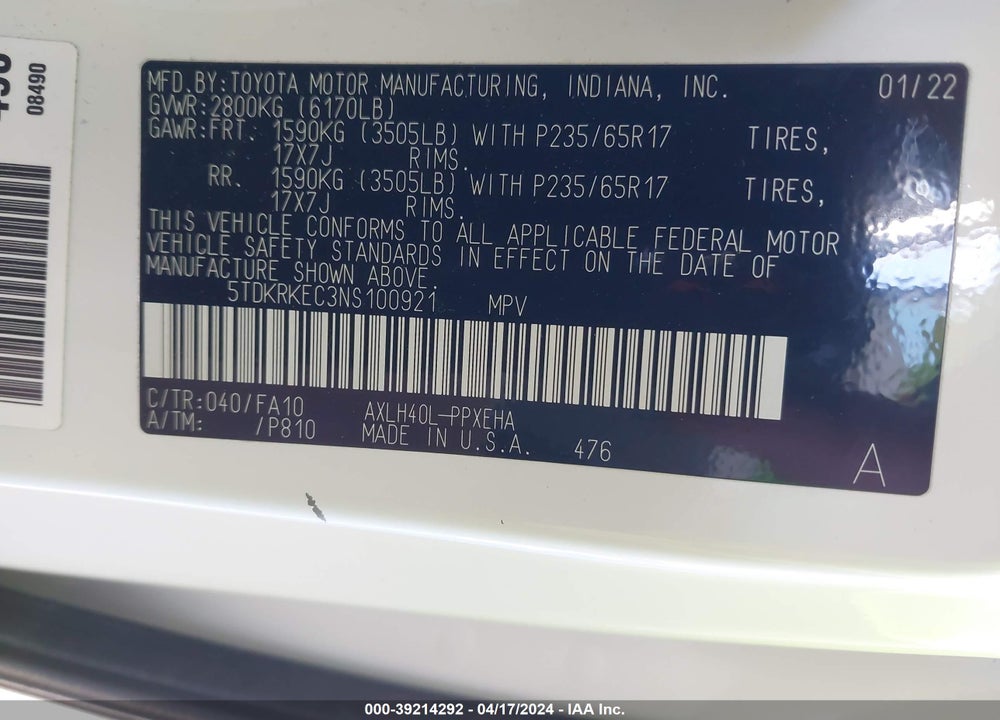 2022 TOYOTA SIENNA LE VIN: 5TDKRKEC3NS100921
