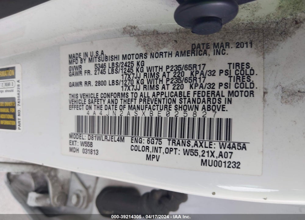 2011 MITSUBISHI ENDEAVOR SE VIN: 4A4JN2ASXBE025827