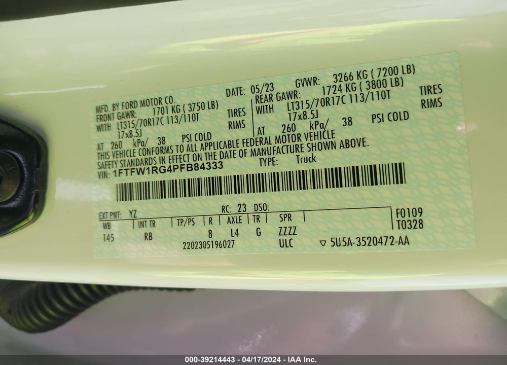 2023 FORD F-150 RAPTOR VIN: 1FTFW1RG4PFB84333