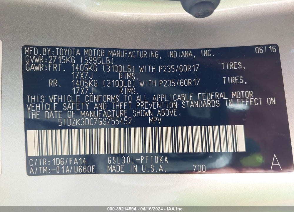 2016 TOYOTA SIENNA L 7 PASSENGER VIN: 5TDZK3DC7GS755452