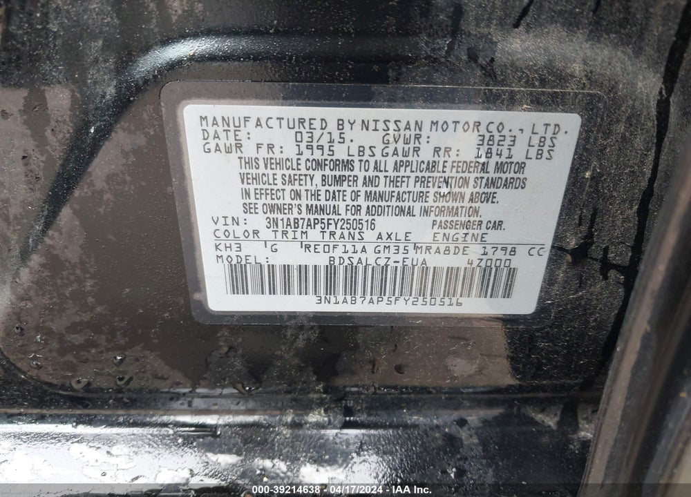 2015 NISSAN SENTRA S VIN: 3N1AB7AP5FY250516