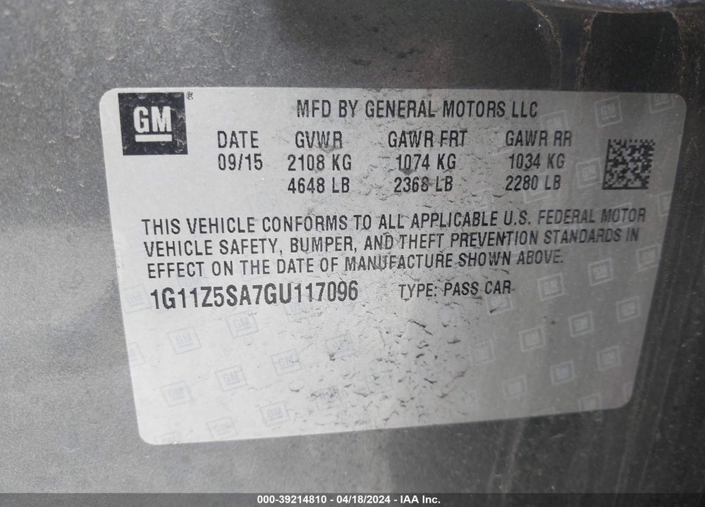 2016 CHEVROLET IMPALA LS VIN: 1G11Z5SA7GU117096