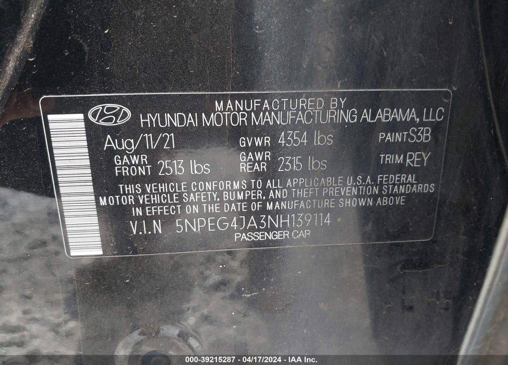 2022 HYUNDAI SONATA SE VIN: 5NPEG4JA3NH139114