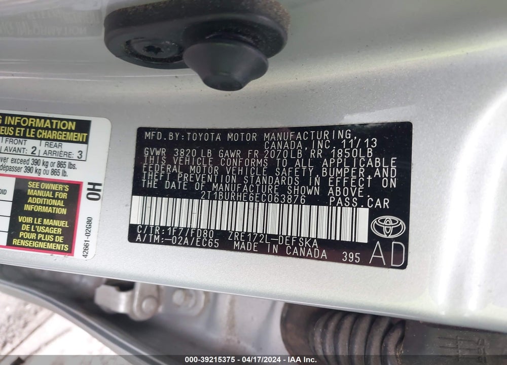 2014 TOYOTA COROLLA S PLUS VIN: 2T1BURHE6EC063876