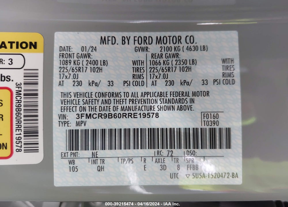 2024 FORD BRONCO SPORT BIG BEND VIN: 3FMCR9B60RRE19578