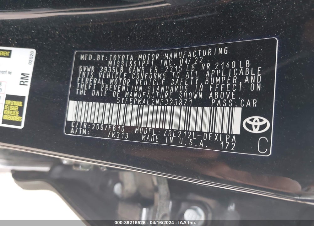 2022 TOYOTA COROLLA LE VIN: 5YFEPMAE2NP323871