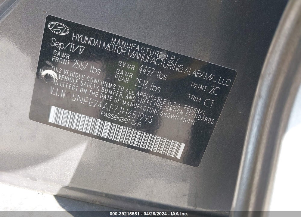 2018 HYUNDAI SONATA SE VIN: 5NPE24AF7JH651995
