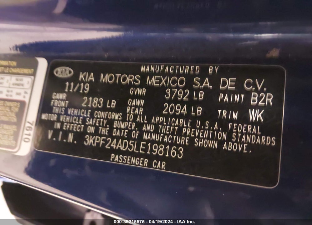 2020 KIA FORTE LXS VIN: 3KPF24AD5LE198163