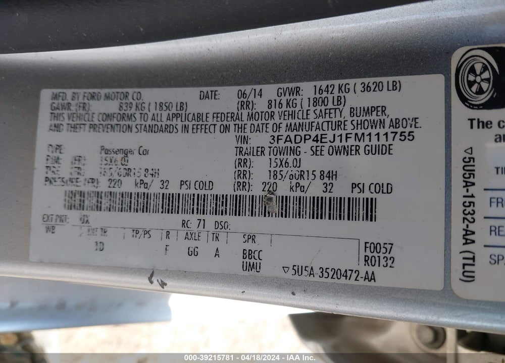 2015 FORD FIESTA SE VIN: 3FADP4EJ1FM111755